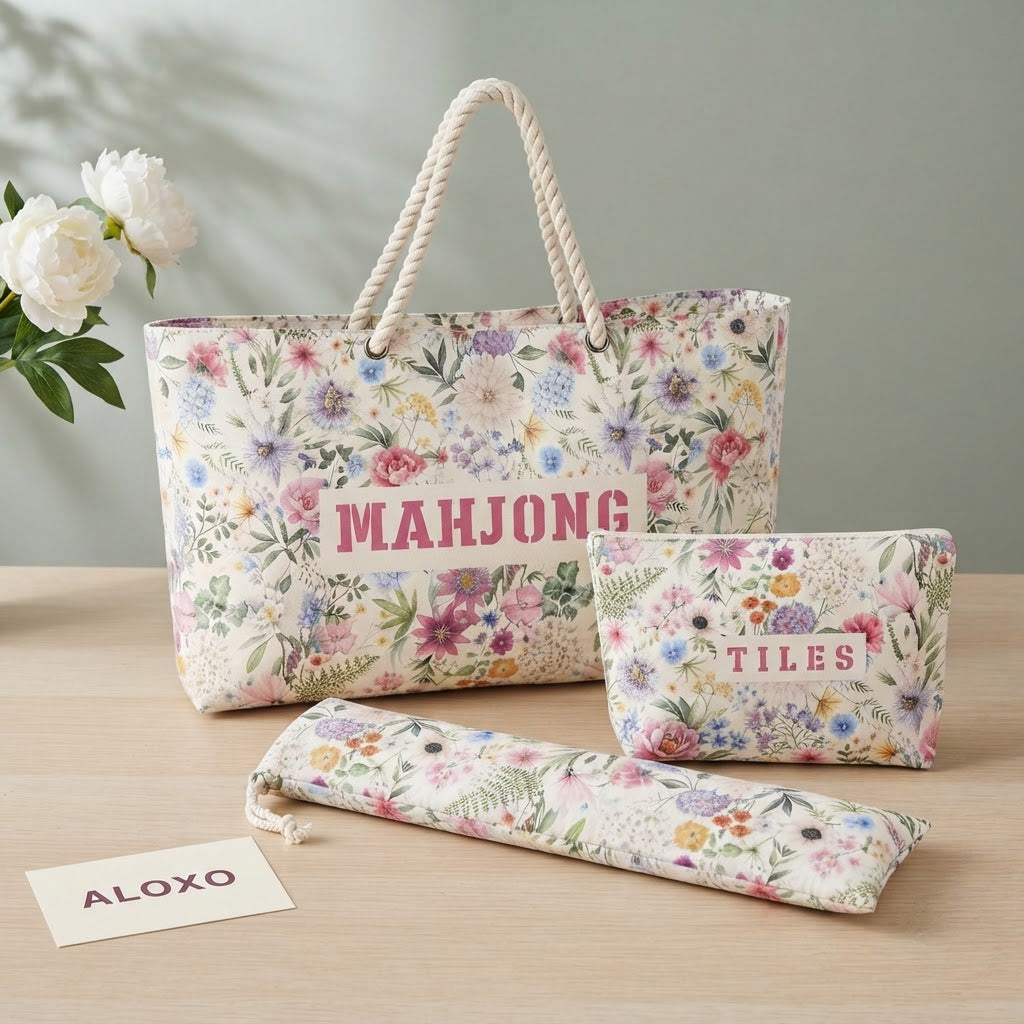 All three pieces of the floral Mahjong travel bag set: tote, TILES pouch and drawstring rack sleeve