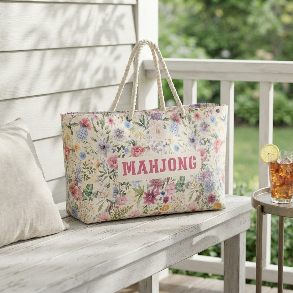 The tote of the floral Mahjong travel bag set on a porch bench