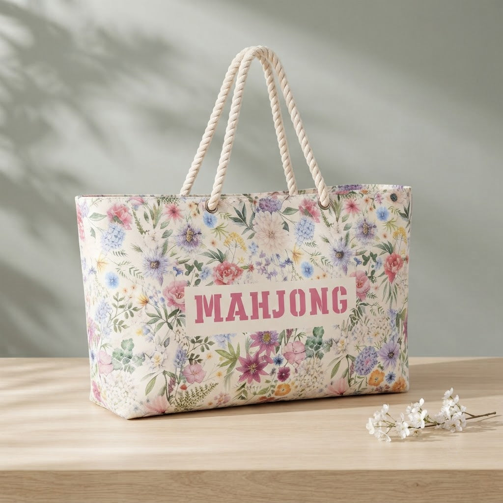 The tote of the floral Mahjong travel bag set, standing upright