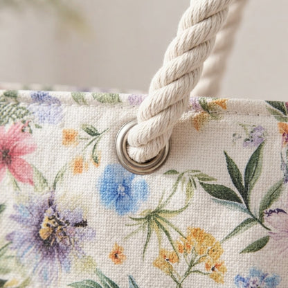Close-up of the fabric and handle of the floral Mahjong travel bag set tote