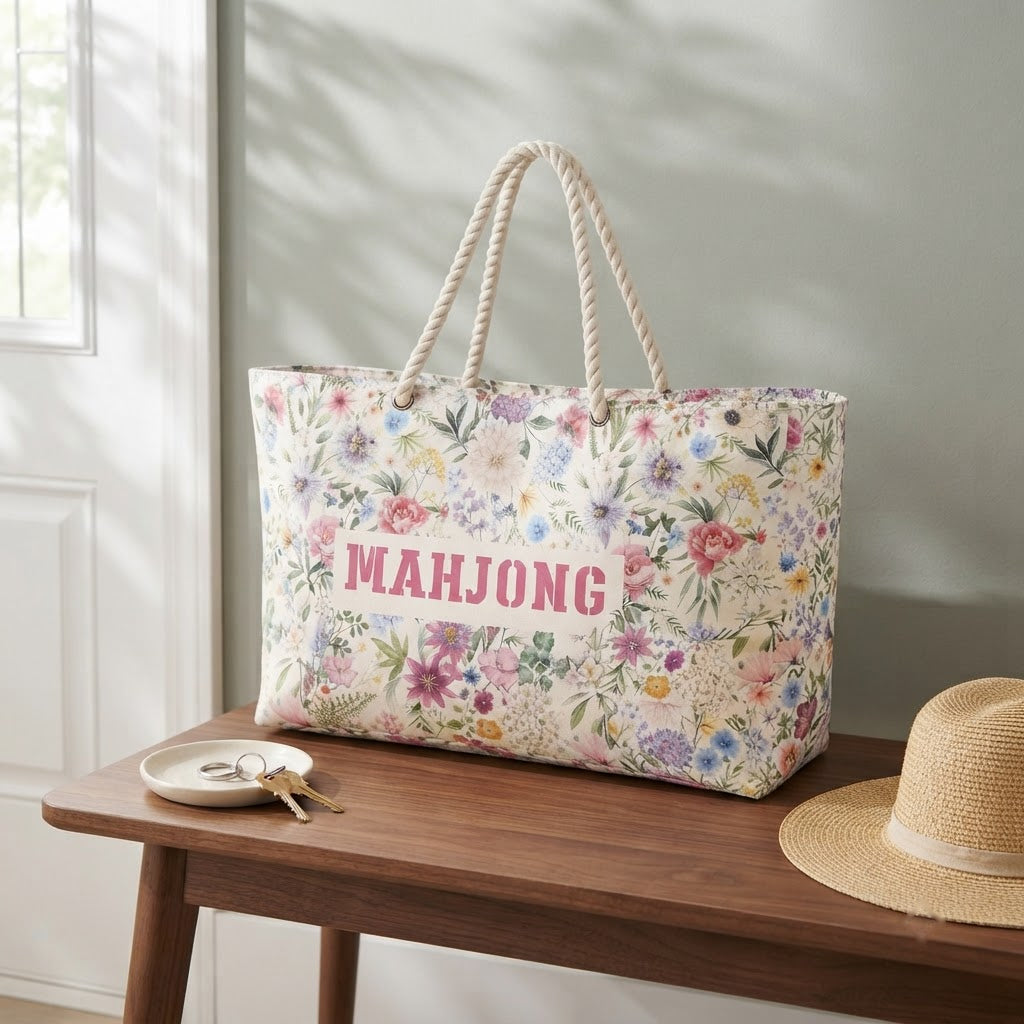 The tote of the floral Mahjong travel bag set on an entry bench by the front door