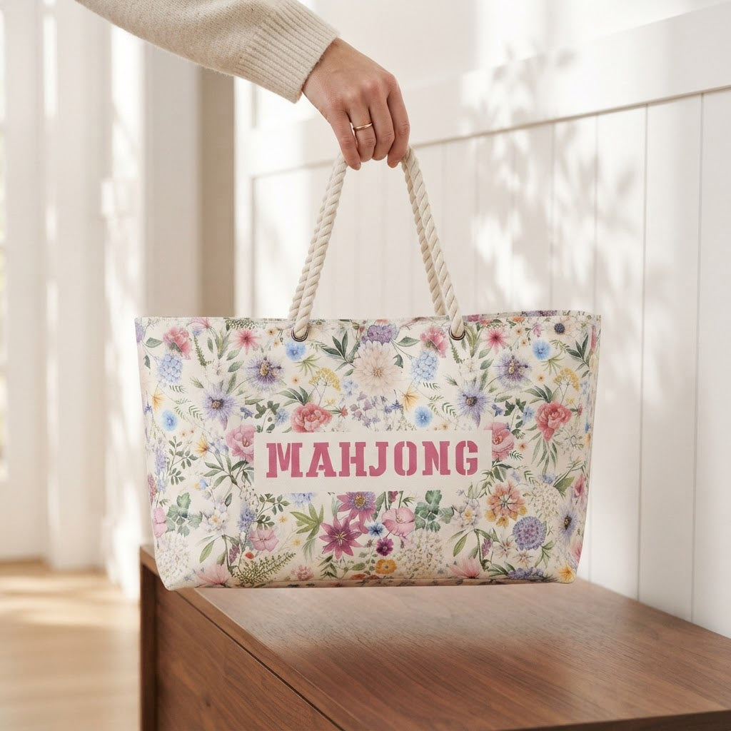 A hand lifting the tote of the floral Mahjong travel bag set by its handles