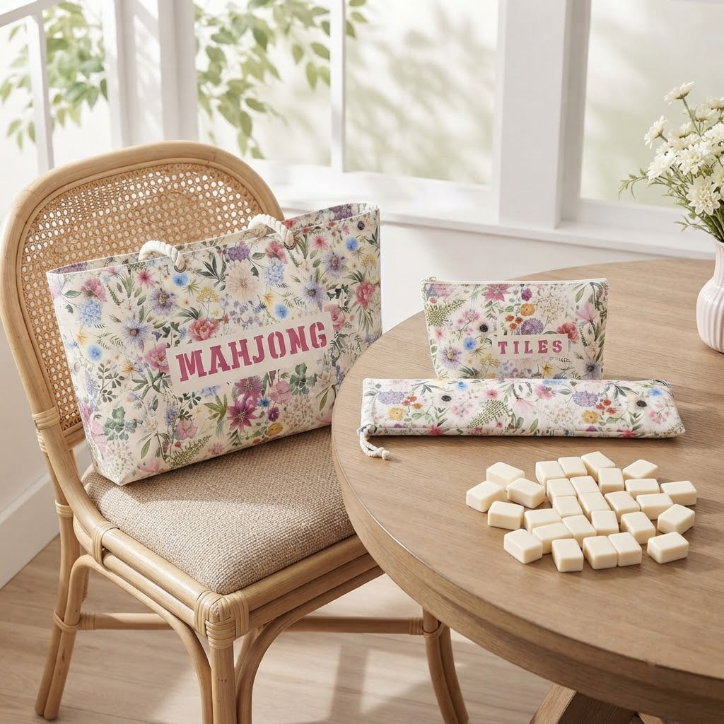 The floral Mahjong travel bag set at a sunroom game table with blank ivory tiles