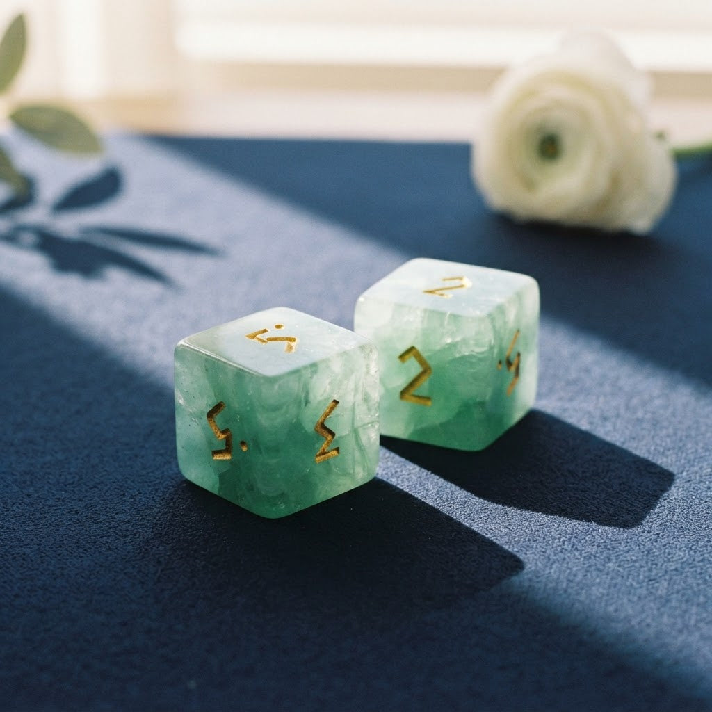 Pair of green fluorite mahjong dice on a navy mat with a white flower behind