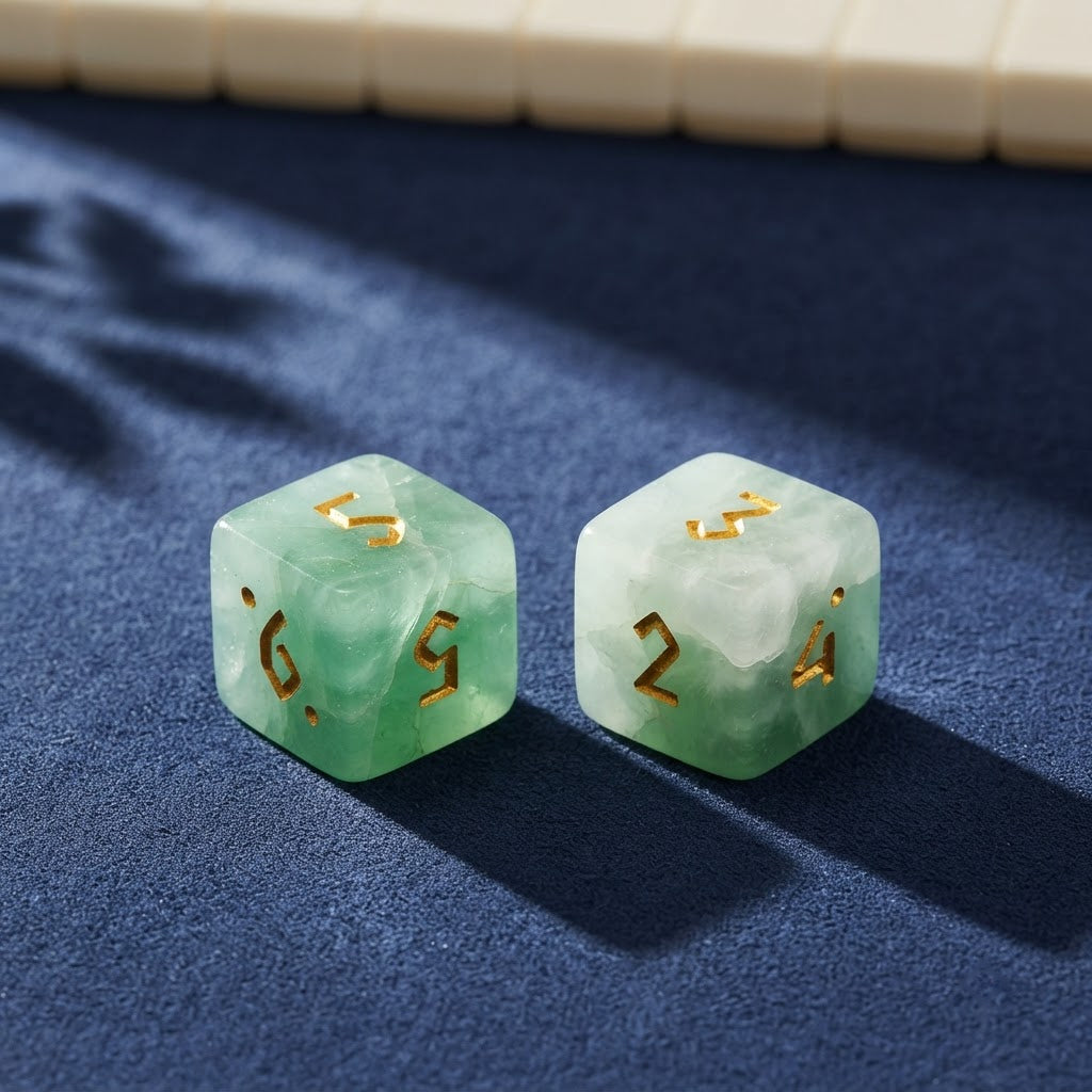 Two green fluorite dice with gold numbers on a navy mat
