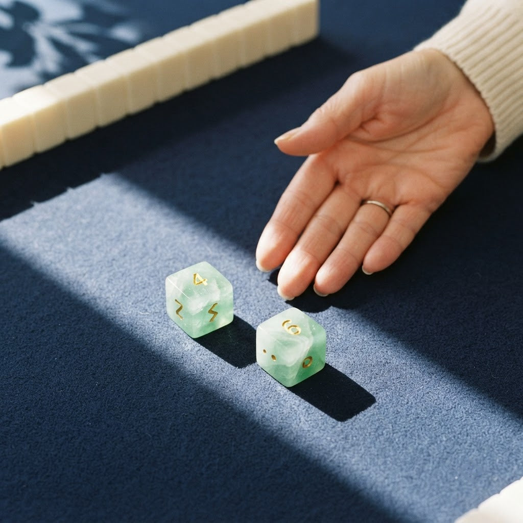 Hand beside two green fluorite mahjong dice on a navy mat