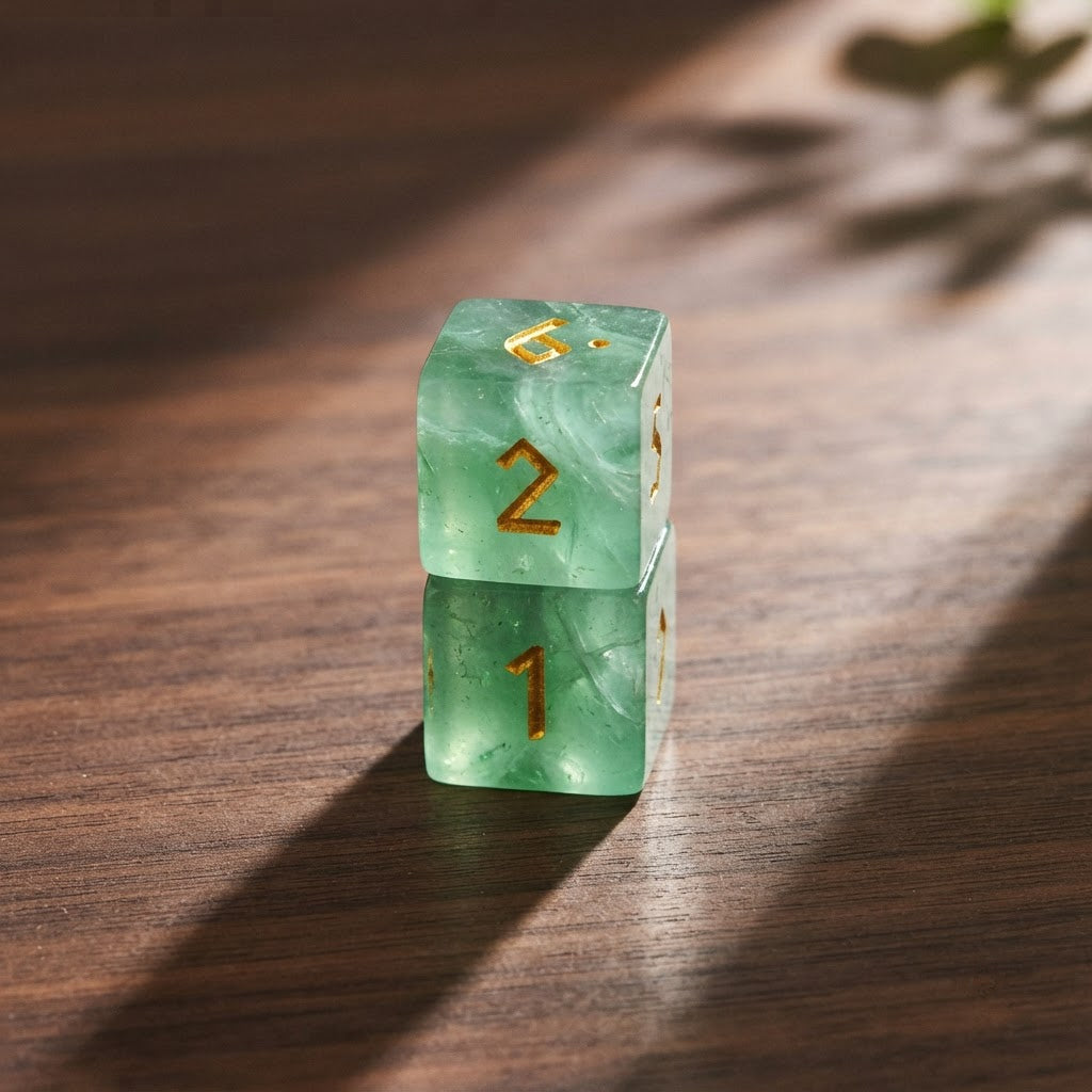 Two green fluorite dice stacked on a walnut table