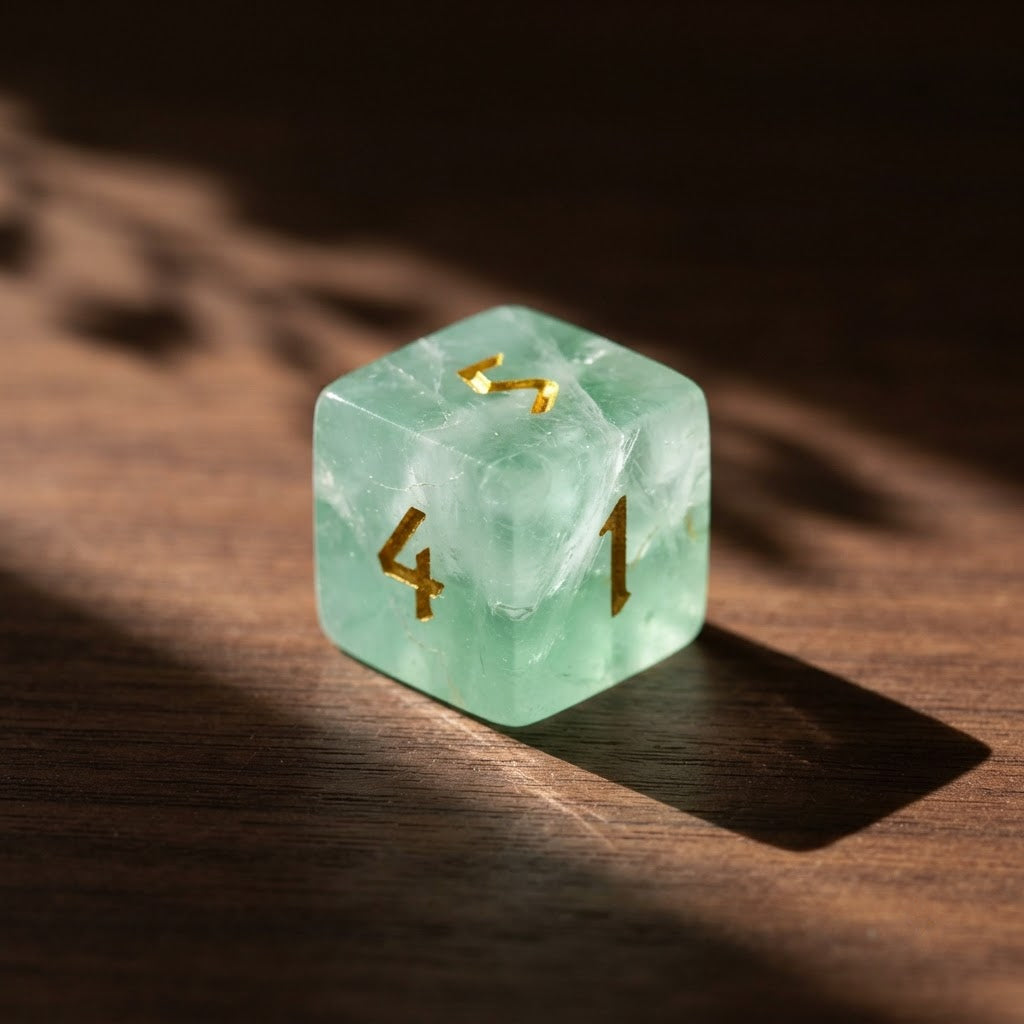 Single green fluorite die with gold numbers on a walnut table