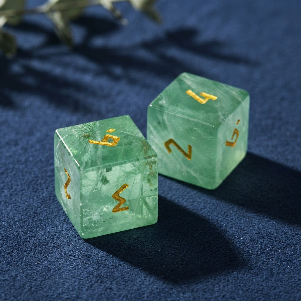 Close-up of two green fluorite dice showing natural veins