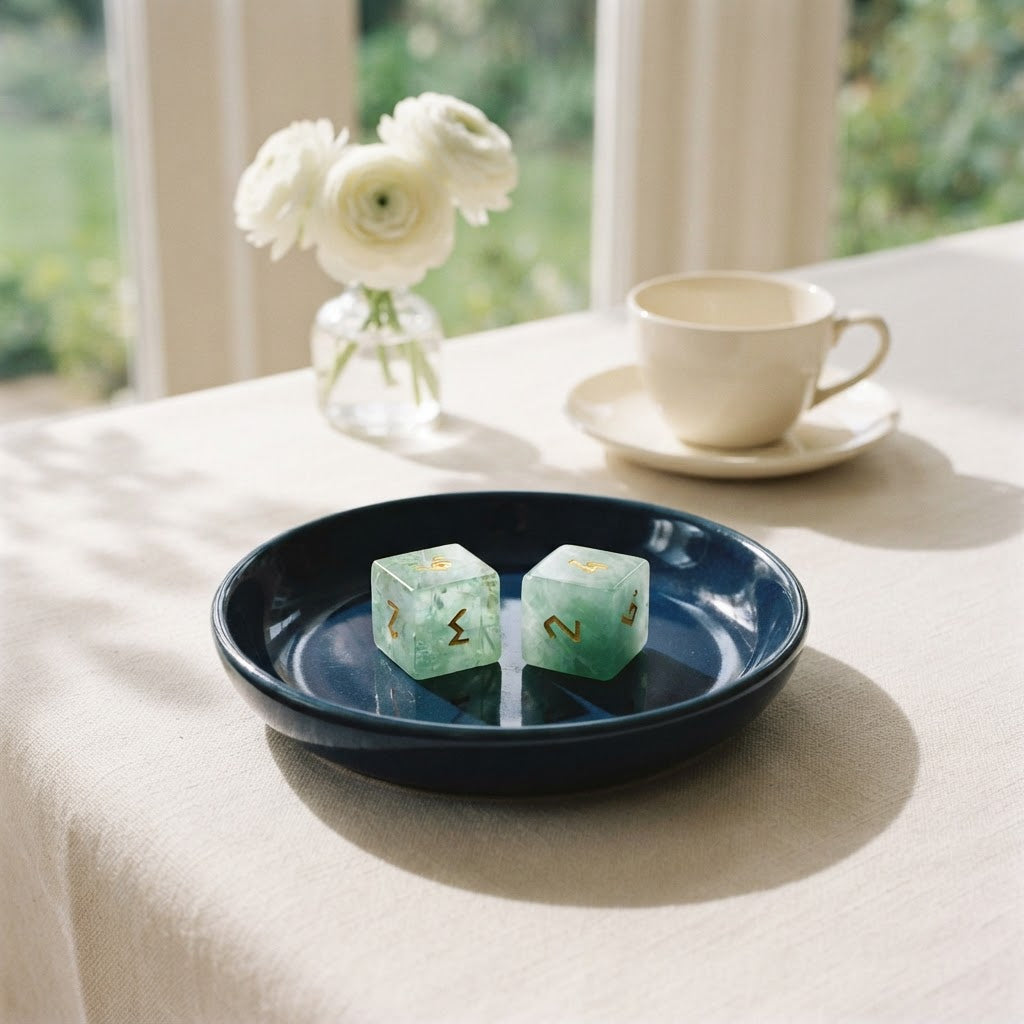 Green fluorite mahjong dice in a navy dish in a sunroom