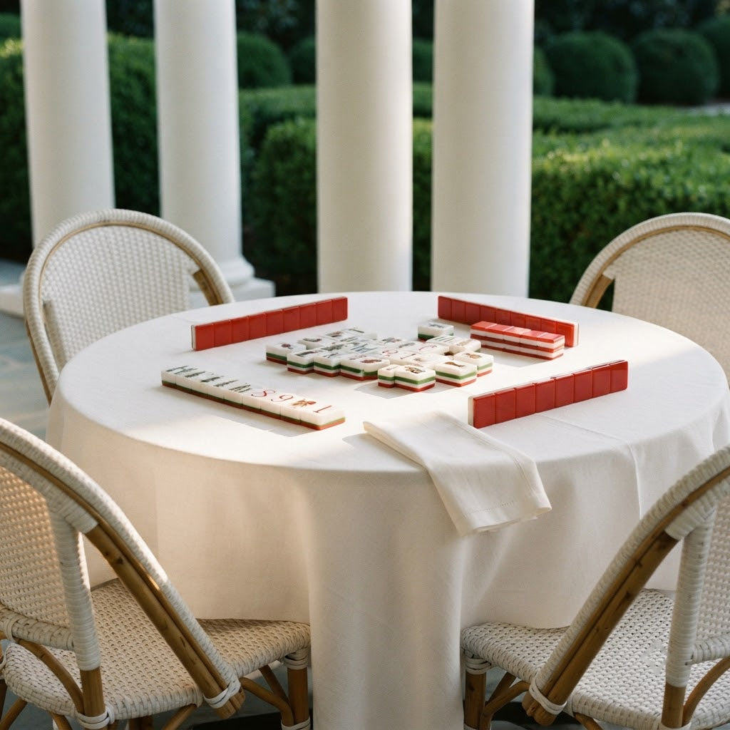 Fox & Holly mahjong tiles set up on a terrace table