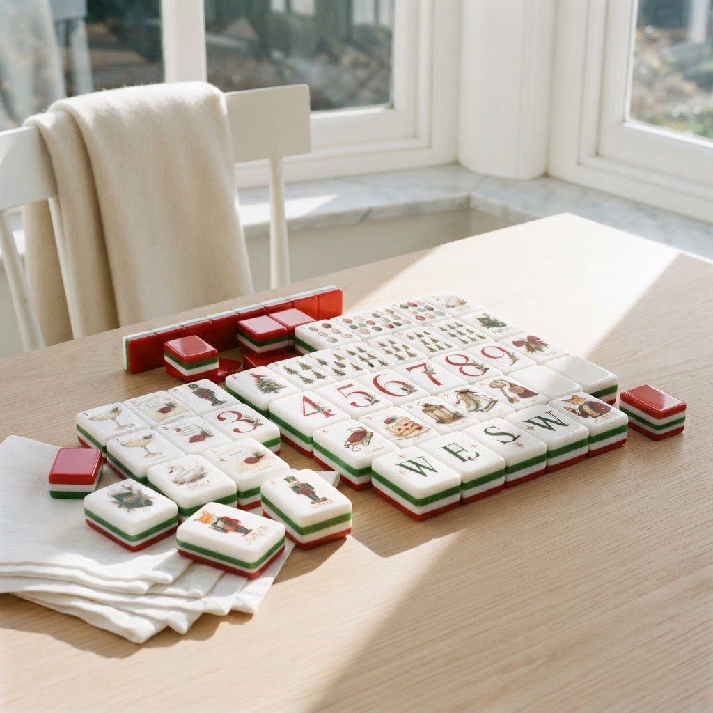 Fox & Holly mahjong tiles on a sunroom table by the window