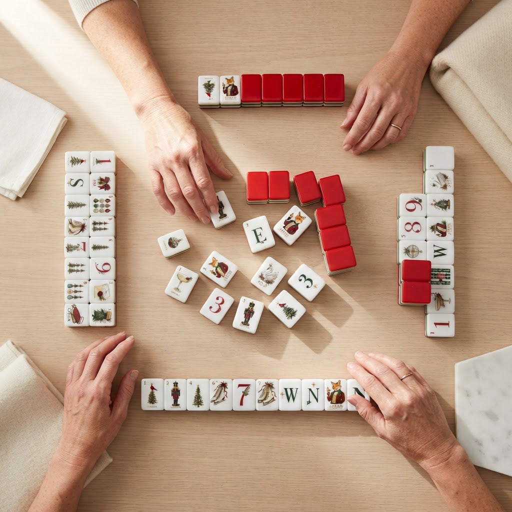 Four players mid-game with Fox & Holly mahjong tiles, seen from above