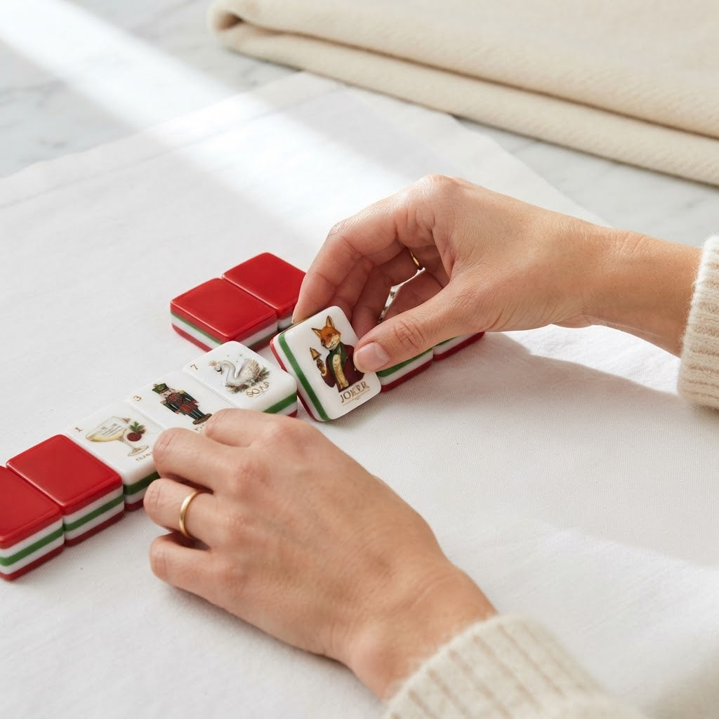 Hands turning over a Fox & Holly mahjong tile