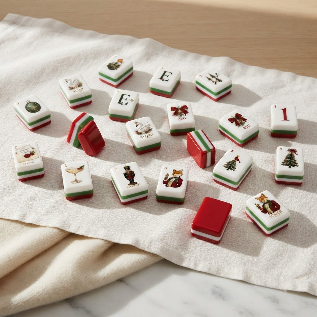 Fox & Holly mahjong tiles scattered on a linen cloth