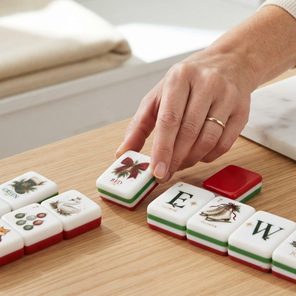 Hand placing a Fox & Holly mahjong tile on a wood table