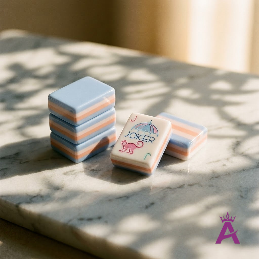 Stacks of Garden Party mahjong tiles showing striped edges and thickness