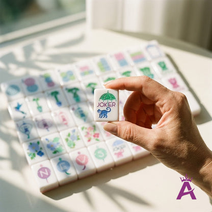 Hand holding a Garden Party mahjong Joker tile over the full set