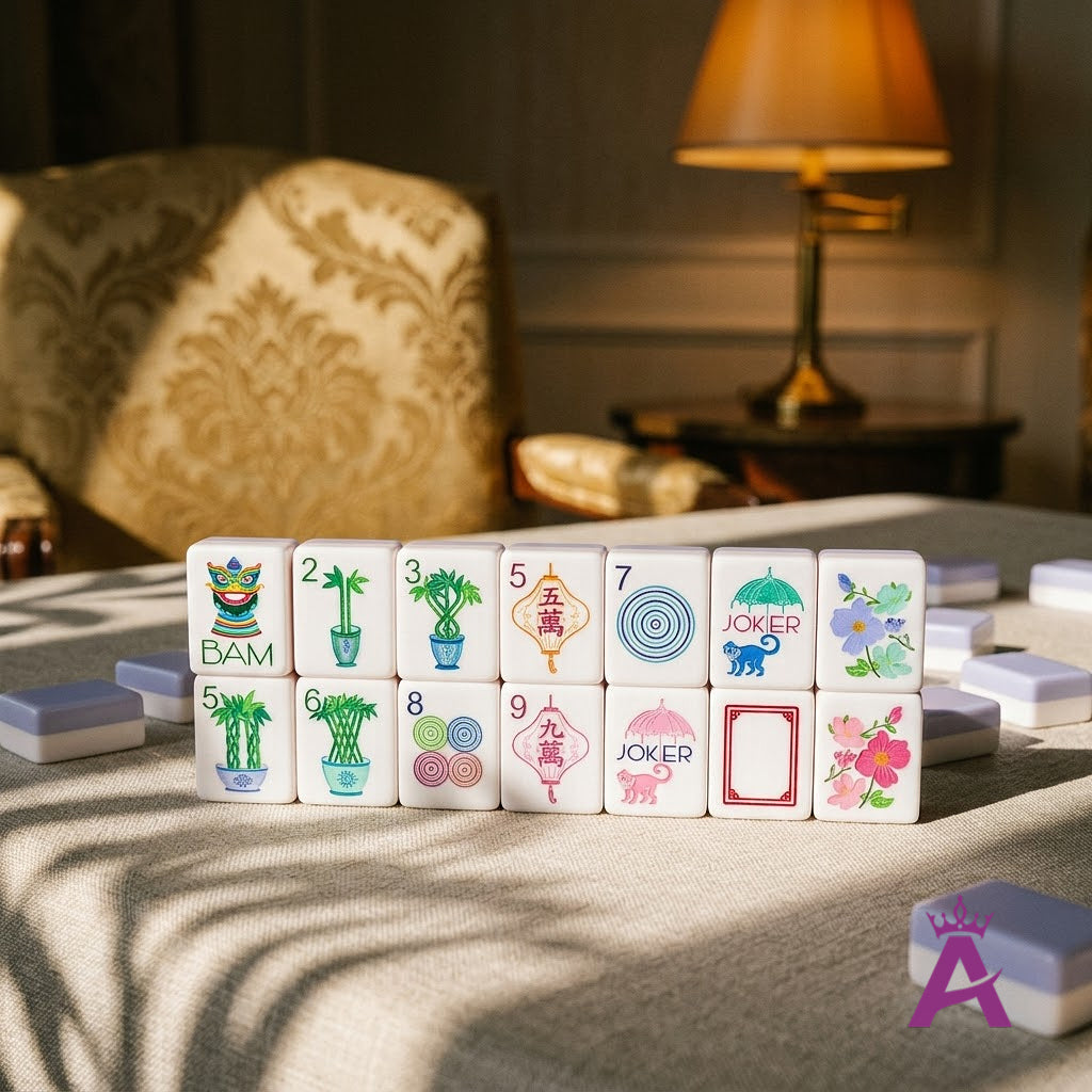 Garden Party mahjong set in an elegant card room