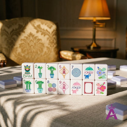 Garden Party mahjong set in an elegant card room