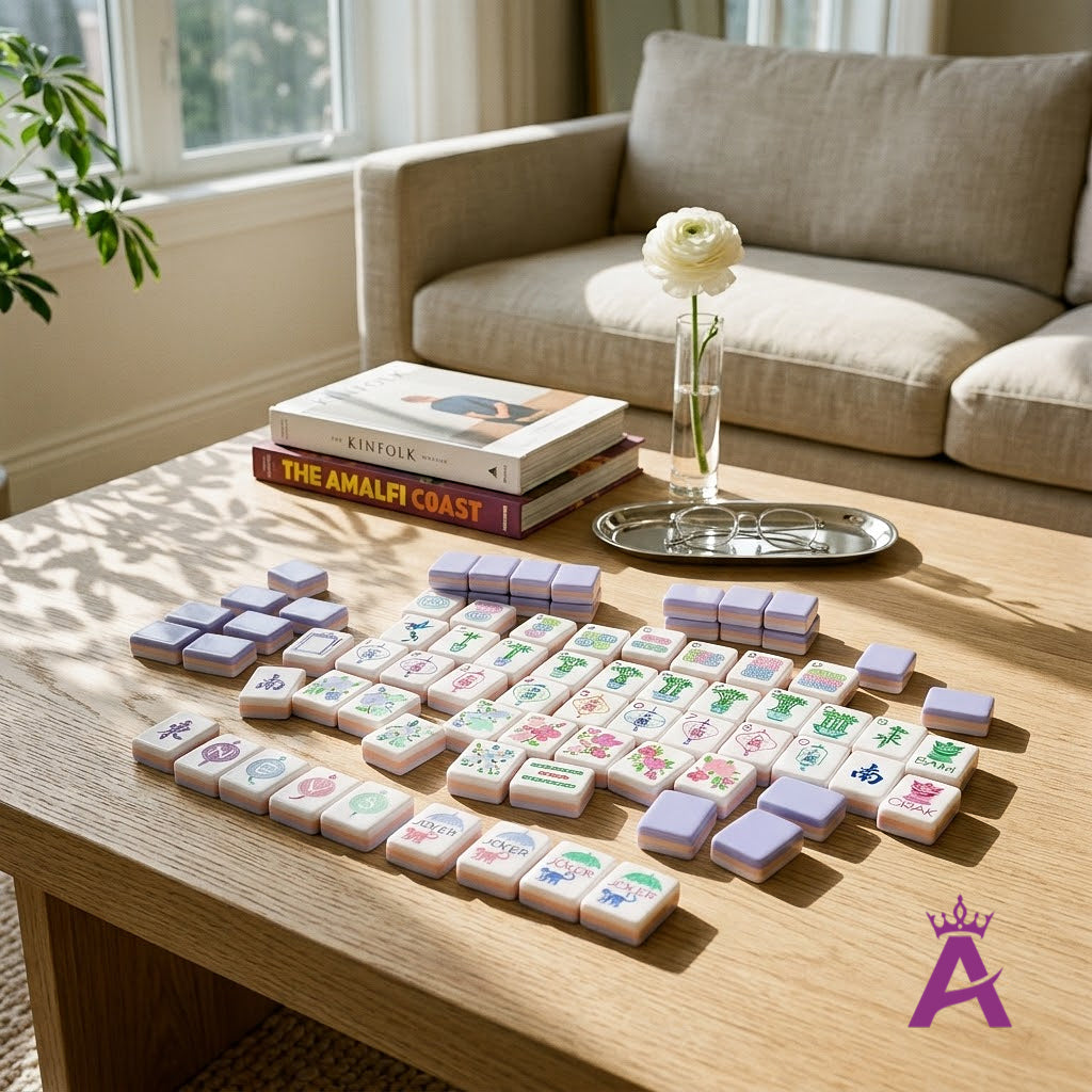 Garden Party mahjong tiles on a living room coffee table