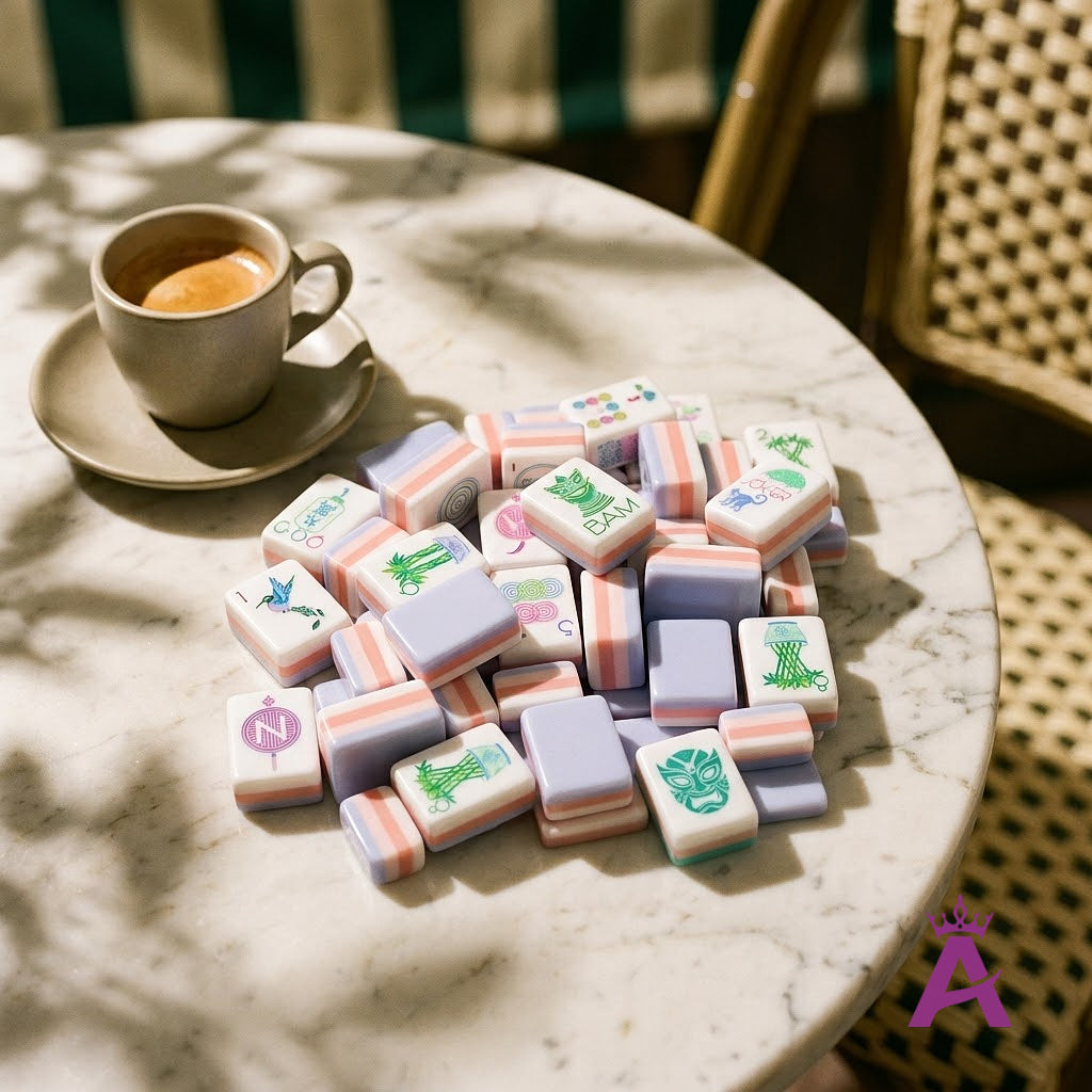 Garden Party mahjong tiles on a marble bistro cafe table