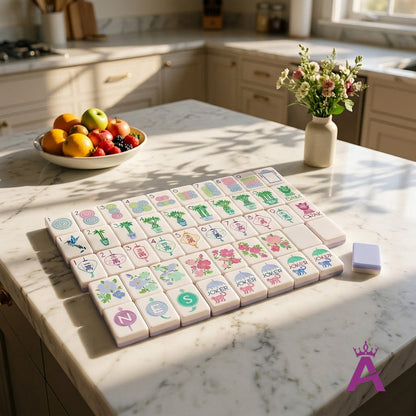 Garden Party mahjong tiles on a bright white marble kitchen island