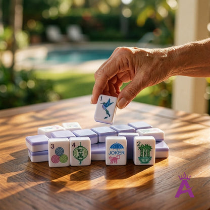 Mature woman's hand placing a Garden Party mahjong tile poolside