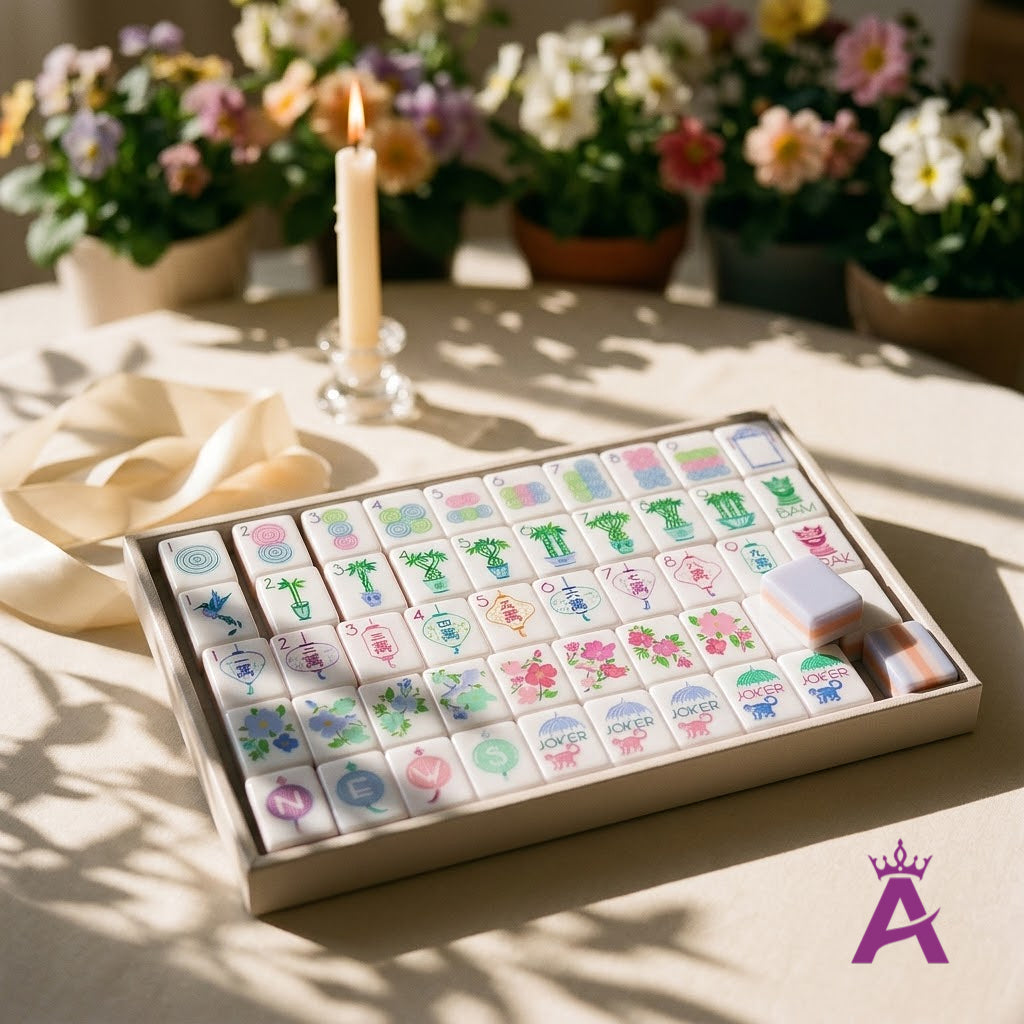 Garden Party mahjong set in a gift case with candle and ribbon