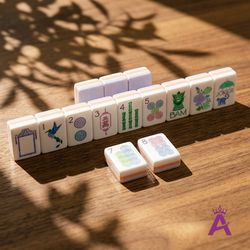 Garden Party mahjong tiles in a ready-to-play rack line