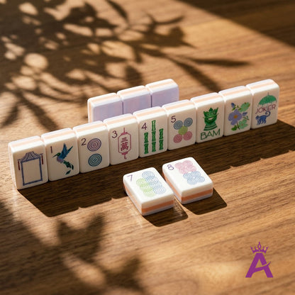 Garden Party mahjong tiles in a ready-to-play rack line