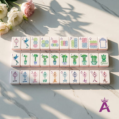 Garden Party mahjong dot, bamboo and character suits in rows
