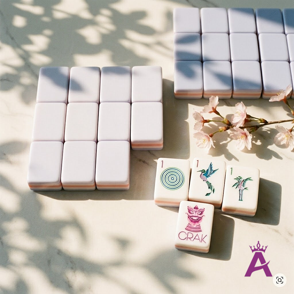 Stacks of Garden Party mahjong tiles gathered with fresh flowers