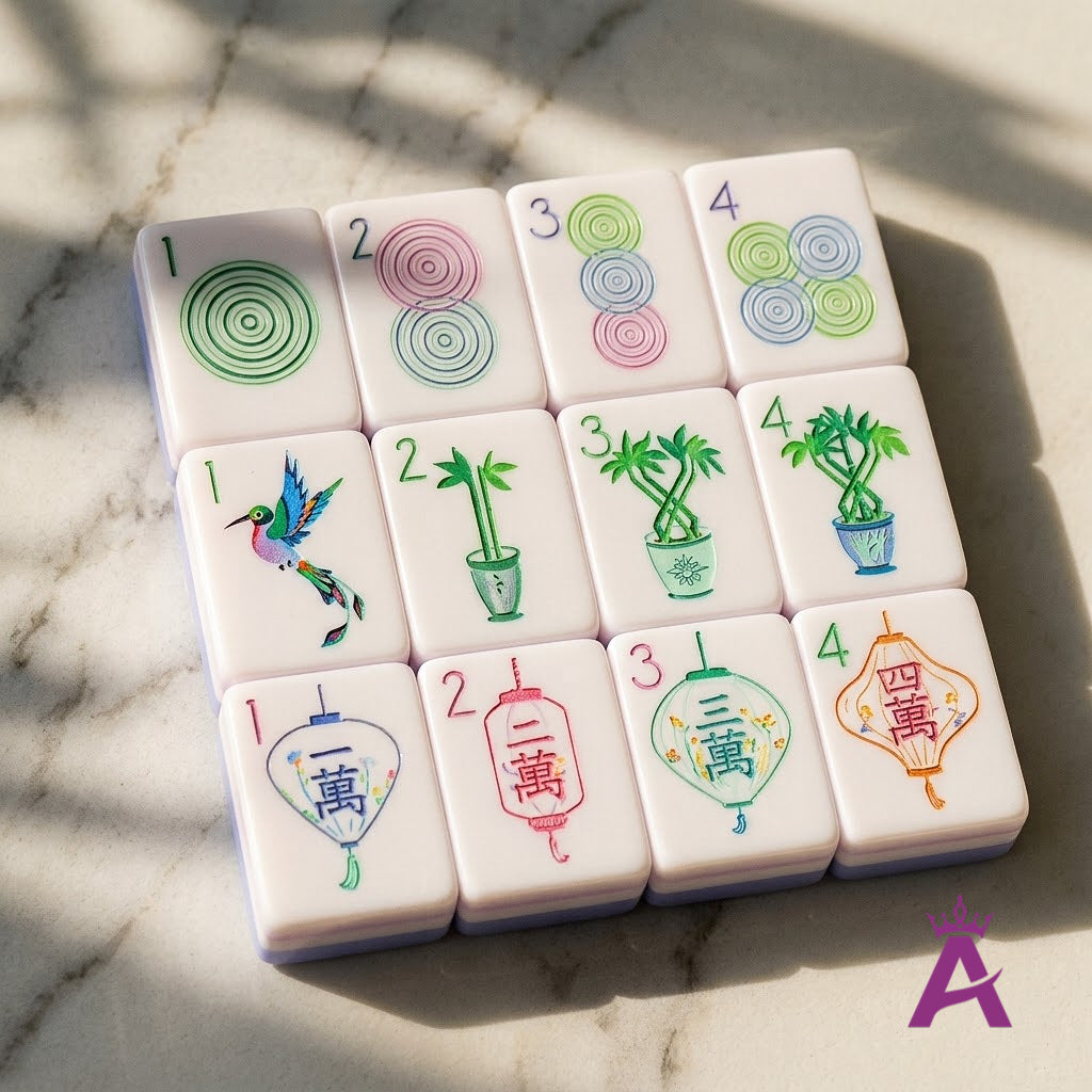 Macro of engraved hand-filled Garden Party mahjong tiles