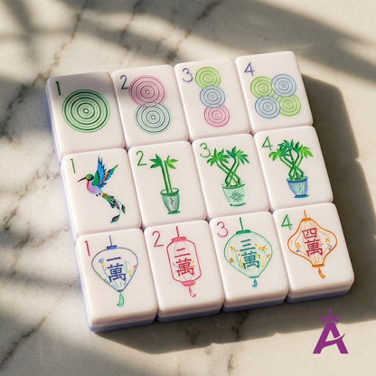 Macro of engraved hand-filled Garden Party mahjong tiles