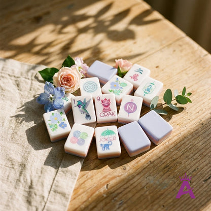 Garden Party mahjong tiles clustered with fresh garden blossoms