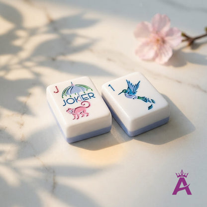 Macro of a Garden Party mahjong Joker and hummingbird tile
