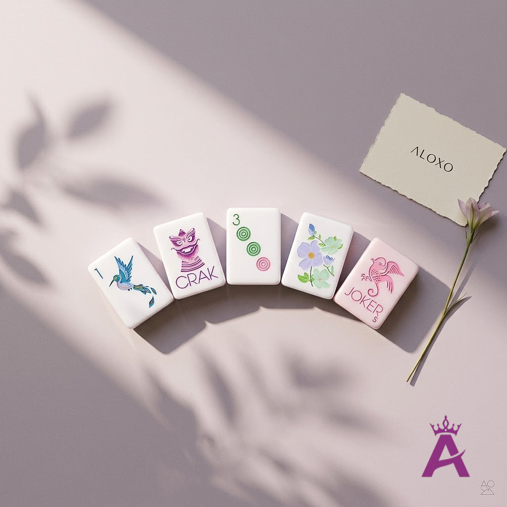 Editorial fan of Garden Party mahjong tiles with a flower stem
