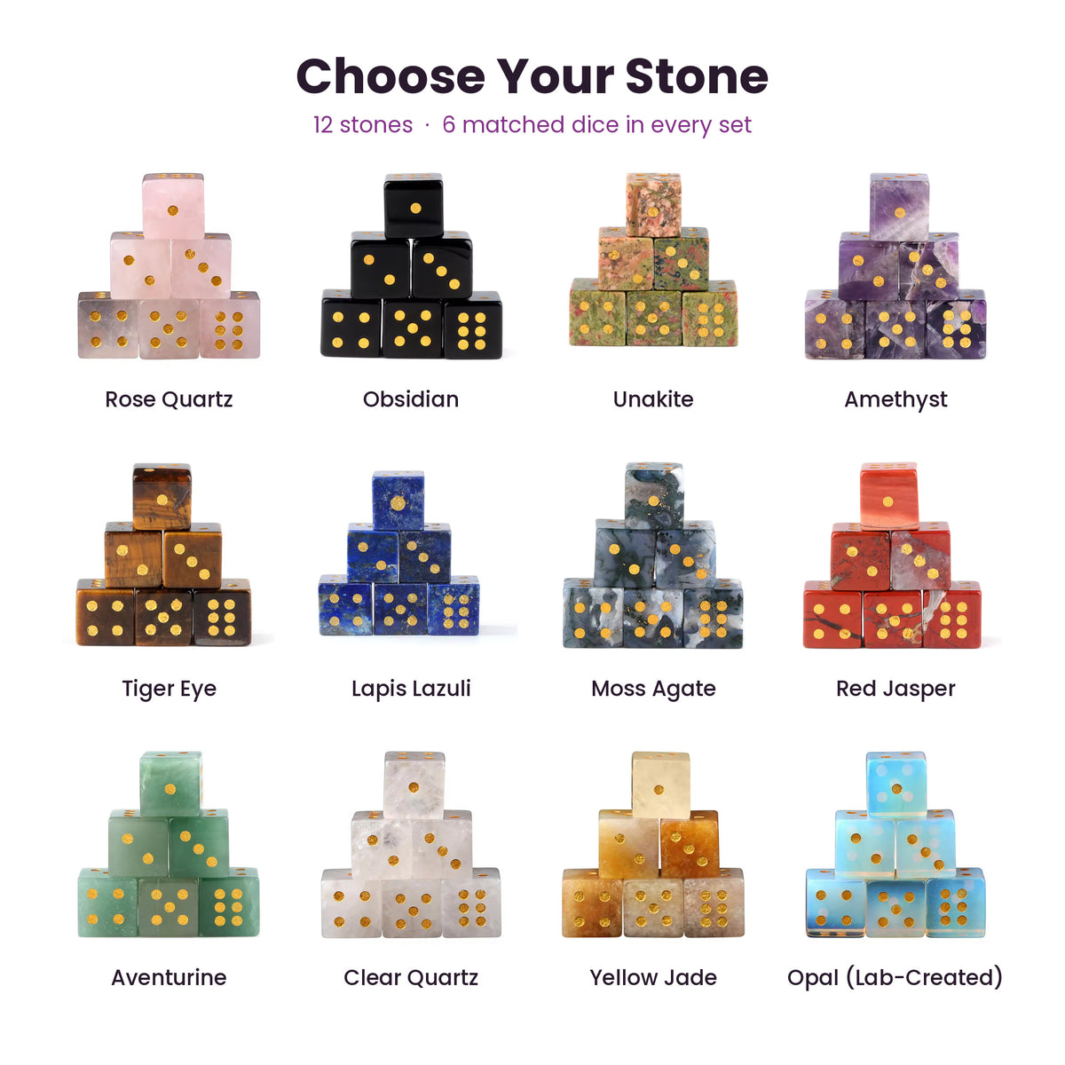 Natural gemstone mahjong dice in 12 stones: Rose Quartz, Obsidian, Unakite, Amethyst, Tiger Eye, Lapis Lazuli, Moss Agate, Red Jasper, Aventurine, Clear Quartz, Yellow Jade and lab-created Opal