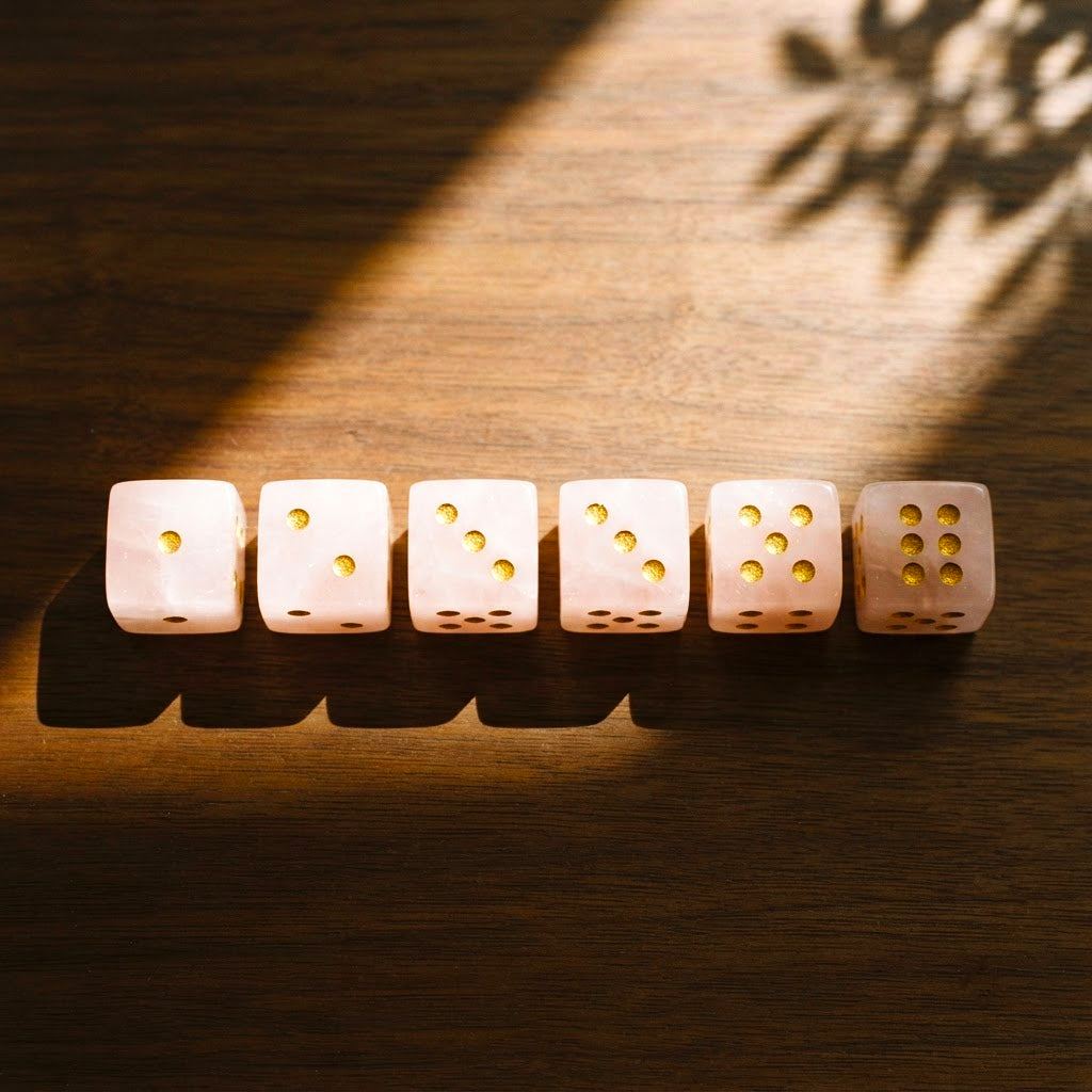 Set of six rose quartz mahjong dice with gold pips lined up on dark walnut