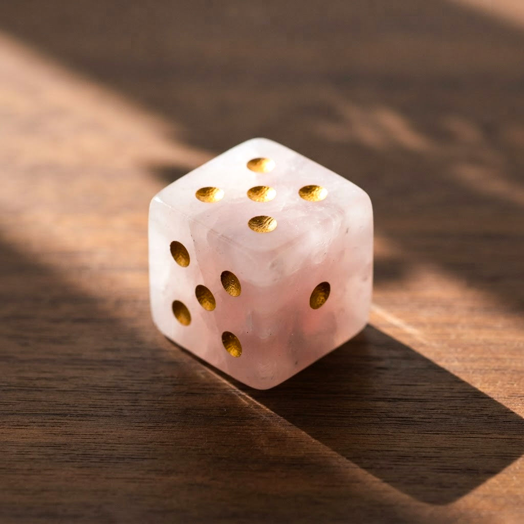 Close-up of one rose quartz mahjong die with gold pips