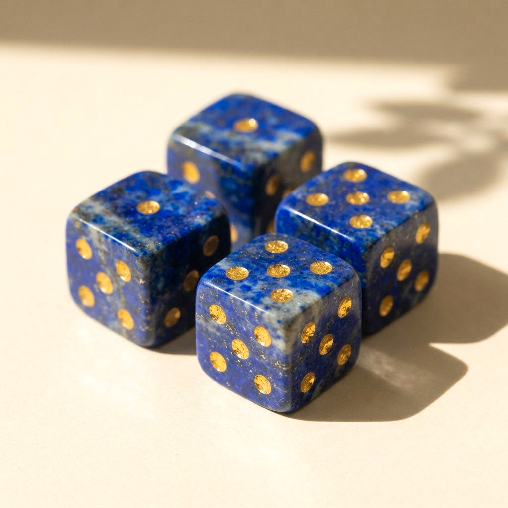 Close-up of lapis lazuli mahjong dice with gold pips