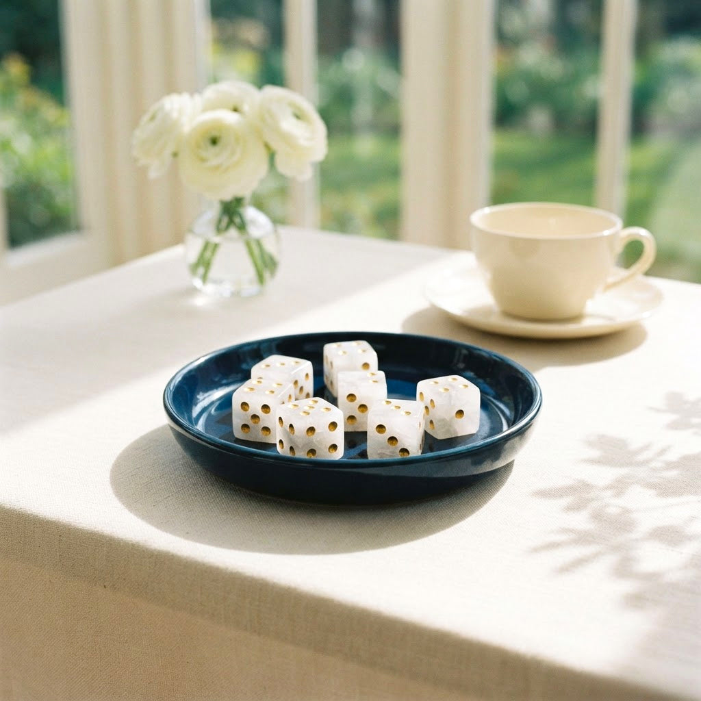 Six clear quartz mahjong dice with gold pips in a navy dish on a sunroom table