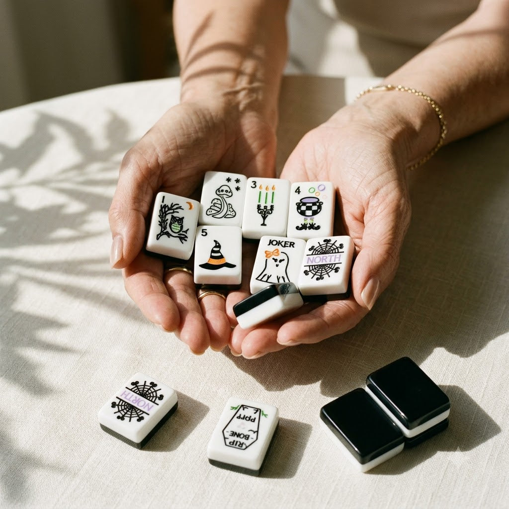 A handful of Halloween mahjong tiles cradled in a woman's hands
