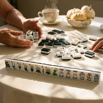 A game in progress, tiles standing in a line on the table