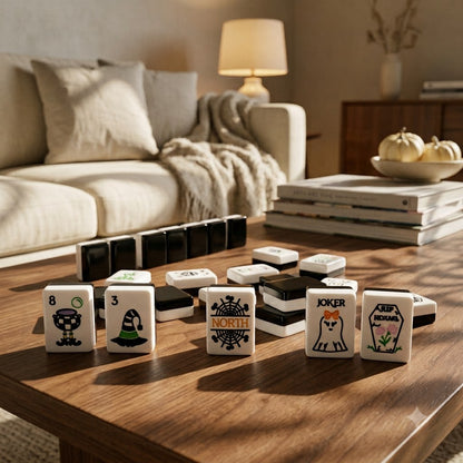 Halloween mahjong tiles on a walnut coffee table in a warm living room