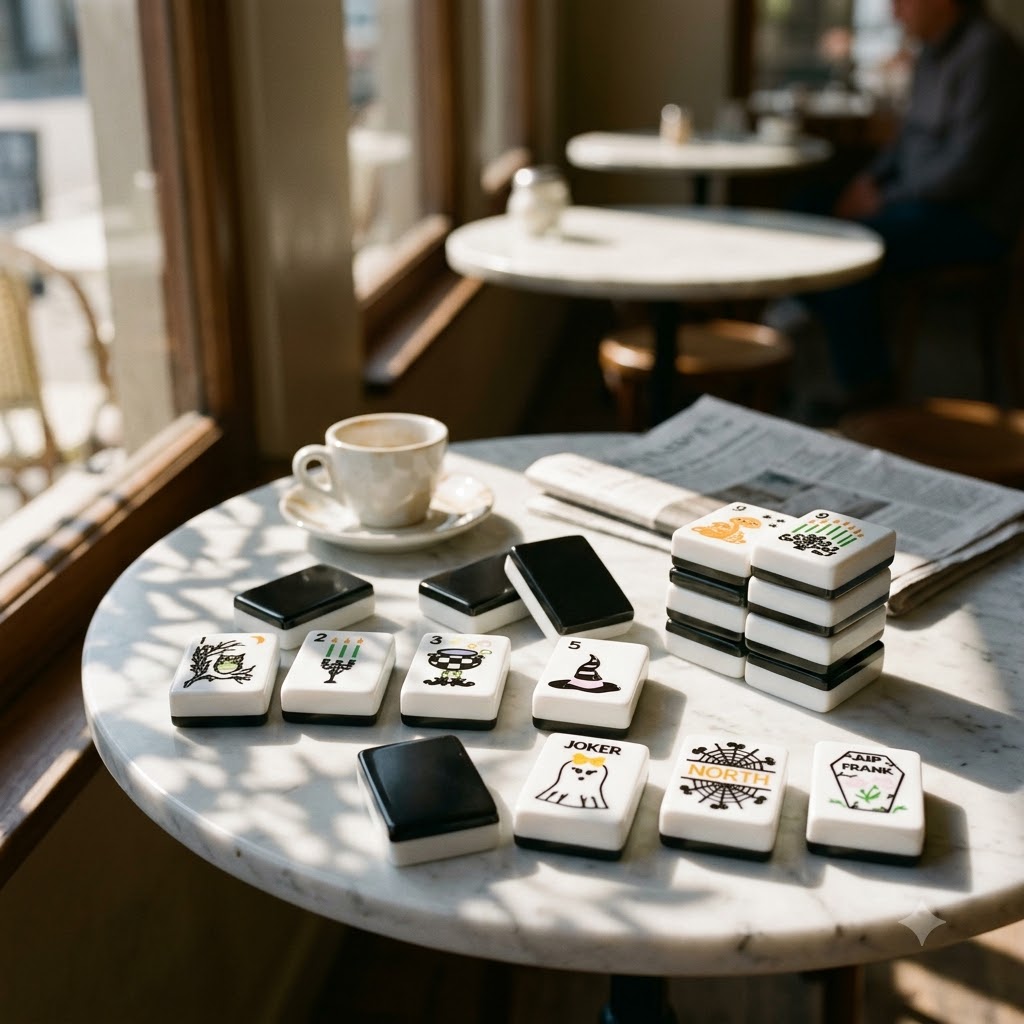 Tiles on a marble bistro table by a sunny window