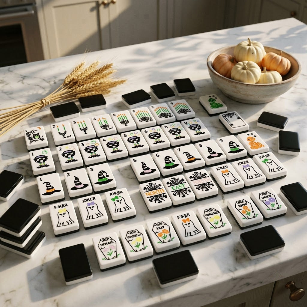Tiles spread on a white marble kitchen island with dried wheat and pumpkins