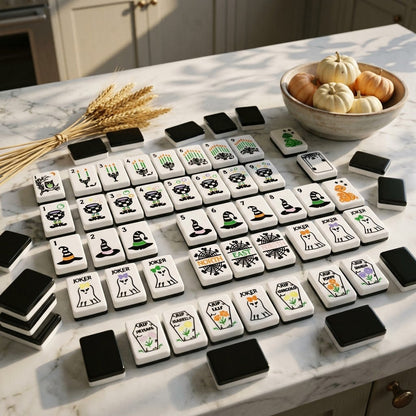 Tiles spread on a white marble kitchen island with dried wheat and pumpkins