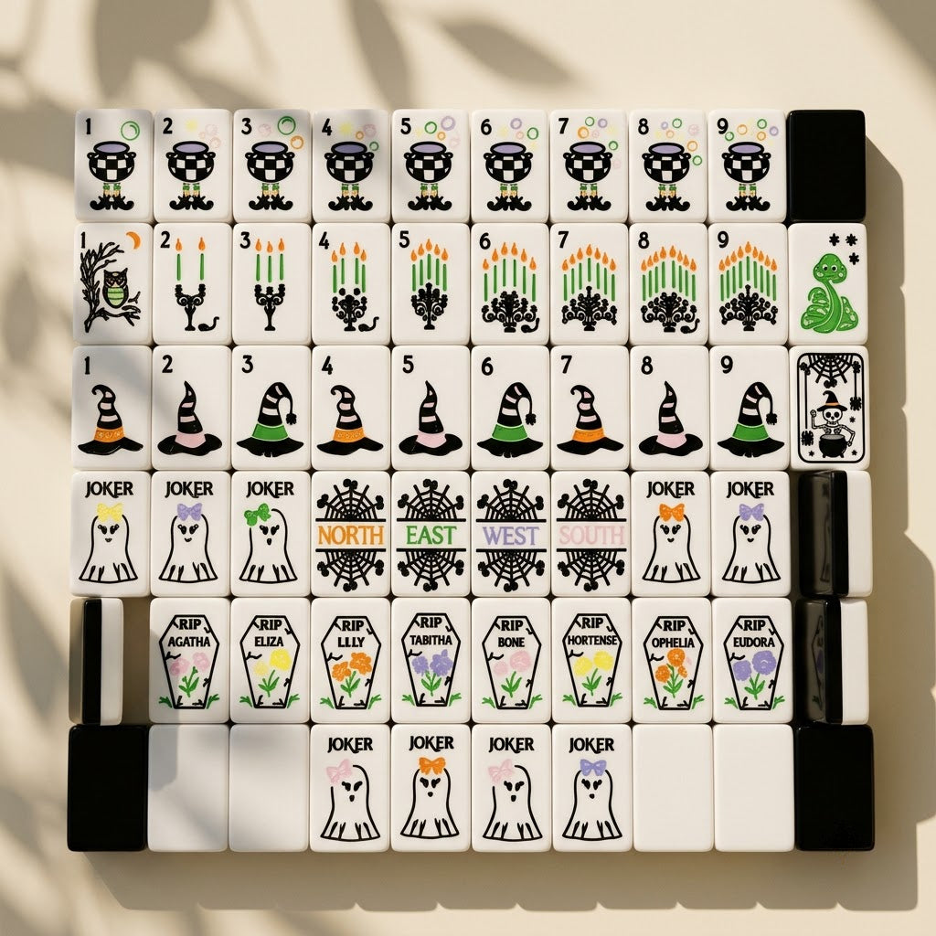 The complete 160-tile Ghostly Garden set laid out by suit